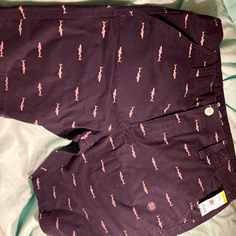 Men’s shorts. Navy blue with sharks.